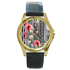 Tropical Paradise - Watercolor Botanical Flowers Round Gold Metal Watch by GardenOfOphir