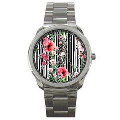 Tropical Paradise - Watercolor Botanical Flowers Sport Metal Watch by GardenOfOphir