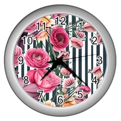 Flora Watercolor Botanical Flowers Wall Clock (silver) by GardenOfOphir