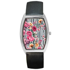 Flora Watercolor Botanical Flowers Barrel Style Metal Watch by GardenOfOphir