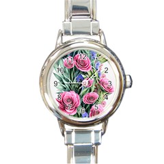 Attention-getting Watercolor Flowers Round Italian Charm Watch by GardenOfOphir