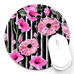 Black Stripes Beautifully Watercolor Flowers Round Mousepad by GardenOfOphir