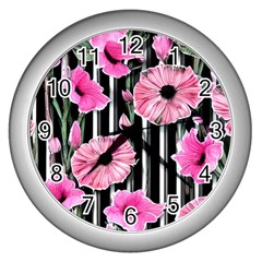 Black Stripes Beautifully Watercolor Flowers Wall Clock (silver) by GardenOfOphir