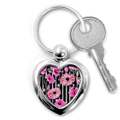 Black Stripes Beautifully Watercolor Flowers Key Chain (heart) by GardenOfOphir