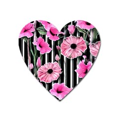 Black Stripes Beautifully Watercolor Flowers Heart Magnet by GardenOfOphir