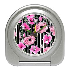 Black Stripes Beautifully Watercolor Flowers Travel Alarm Clock by GardenOfOphir