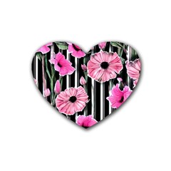 Black Stripes Beautifully Watercolor Flowers Rubber Heart Coaster (4 Pack) by GardenOfOphir