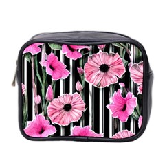 Black Stripes Beautifully Watercolor Flowers Mini Toiletries Bag (two Sides) by GardenOfOphir