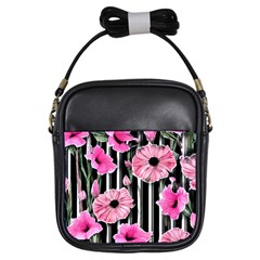 Black Stripes Beautifully Watercolor Flowers Girls Sling Bag by GardenOfOphir