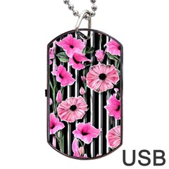 Black Stripes Beautifully Watercolor Flowers Dog Tag Usb Flash (two Sides) by GardenOfOphir