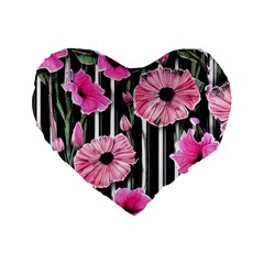 Black Stripes Beautifully Watercolor Flowers Standard 16  Premium Heart Shape Cushions by GardenOfOphir