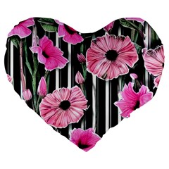 Black Stripes Beautifully Watercolor Flowers Large 19  Premium Heart Shape Cushions by GardenOfOphir