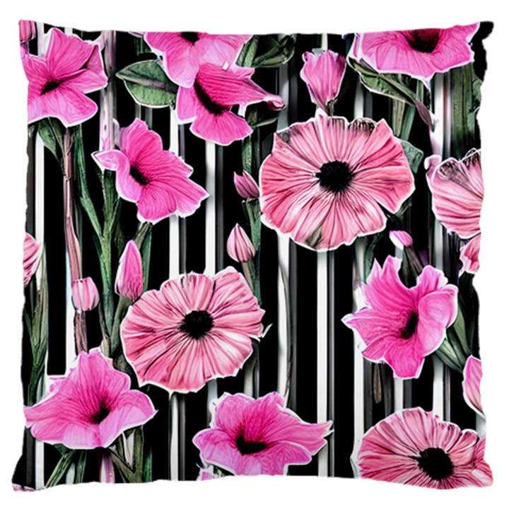 Black Stripes Beautifully watercolor flowers Large Premium Plush Fleece Cushion Case (One Side)