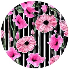 Black Stripes Beautifully Watercolor Flowers Wooden Puzzle Round by GardenOfOphir