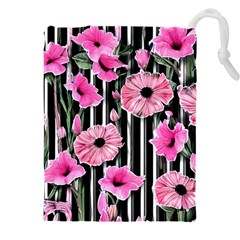 Black Stripes Beautifully Watercolor Flowers Drawstring Pouch (4xl)