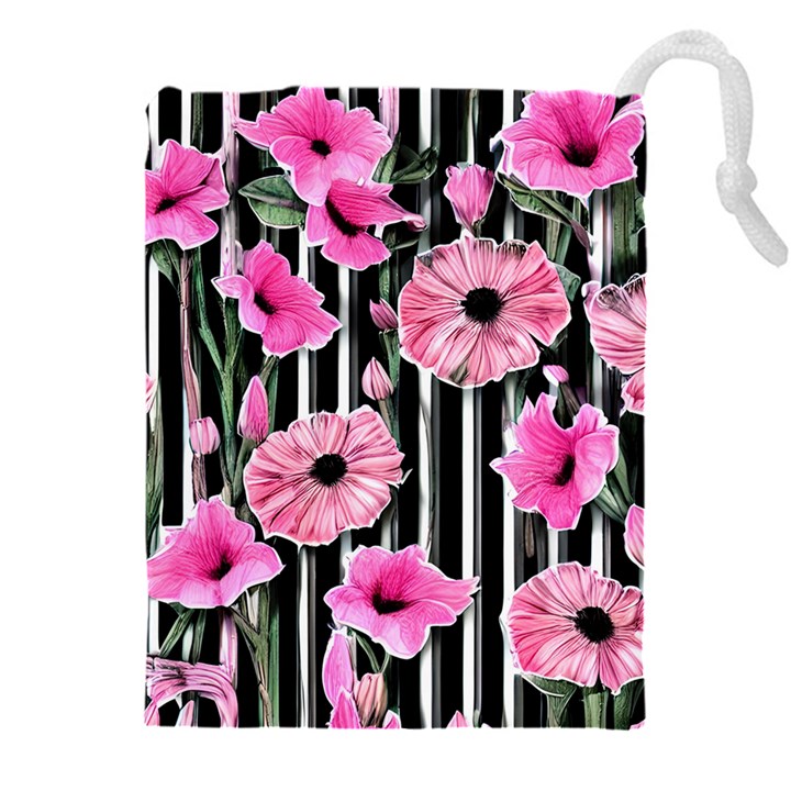 Black Stripes Beautifully watercolor flowers Drawstring Pouch (4XL)