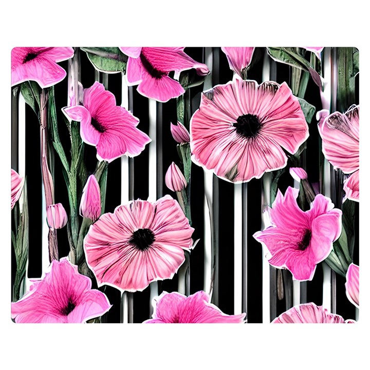 Black Stripes Beautifully watercolor flowers One Side Premium Plush Fleece Blanket (Medium)