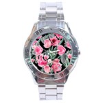 Expressive Watercolor Flowers Botanical Foliage Stainless Steel Analogue Watch Front