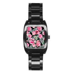 Expressive Watercolor Flowers Botanical Foliage Stainless Steel Barrel Watch