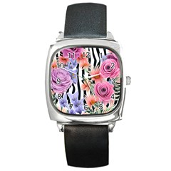 Delightful Watercolor Flowers And Foliage Square Metal Watch by GardenOfOphir