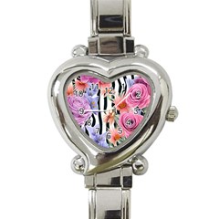 Delightful Watercolor Flowers And Foliage Heart Italian Charm Watch by GardenOfOphir