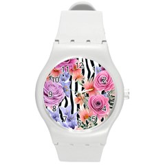 Delightful Watercolor Flowers And Foliage Round Plastic Sport Watch (m) by GardenOfOphir