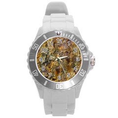 Rusty Orange Abstract Surface Round Plastic Sport Watch (l) by dflcprintsclothing