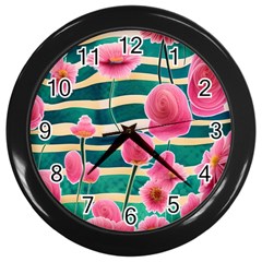 Different Watercolor Flowers Botanical Foliage Wall Clock (black) by GardenOfOphir