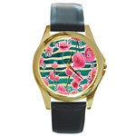 Different Watercolor Flowers Botanical Foliage Round Gold Metal Watch Front