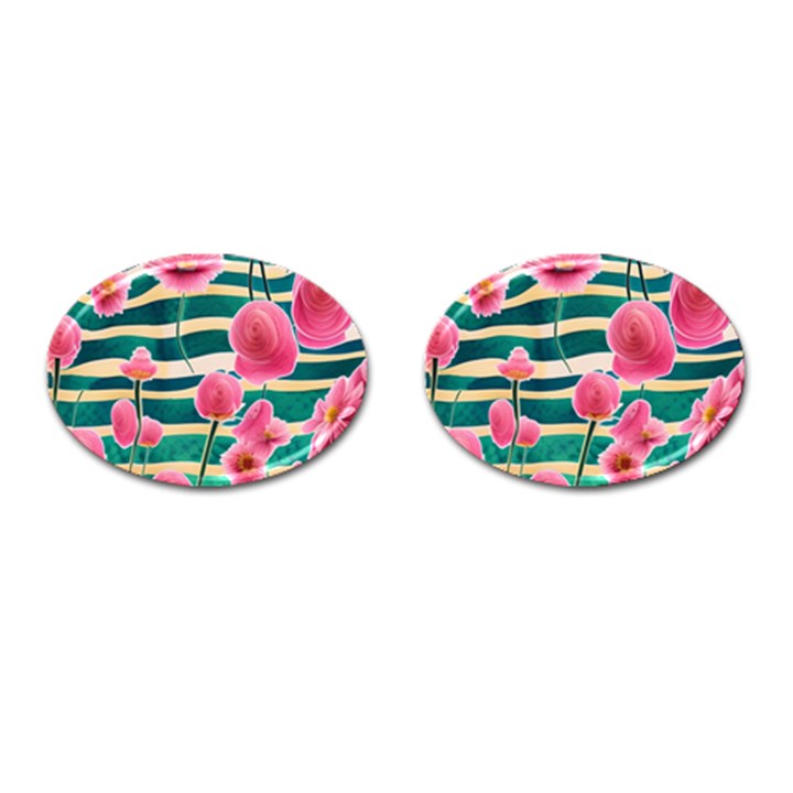 Different Watercolor Flowers Botanical Foliage Cufflinks (Oval)