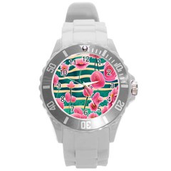 Different Watercolor Flowers Botanical Foliage Round Plastic Sport Watch (l) by GardenOfOphir