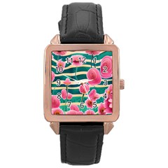 Different Watercolor Flowers Botanical Foliage Rose Gold Leather Watch  by GardenOfOphir