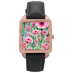 Cute Watercolor Flowers And Foliage Rose Gold Leather Watch  by GardenOfOphir