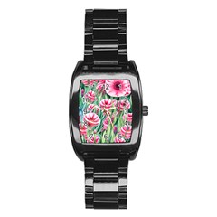 Cute Watercolor Flowers And Foliage Stainless Steel Barrel Watch