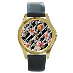 Celestial Watercolor Flowers Round Gold Metal Watch by GardenOfOphir