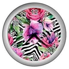 Classy And Chic Watercolor Flowers Wall Clock (silver) by GardenOfOphir