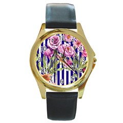 Classy And Chic Watercolor Flowers Round Gold Metal Watch by GardenOfOphir