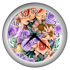 Cheerful And Captivating Watercolor Flowers Wall Clock (silver) by GardenOfOphir