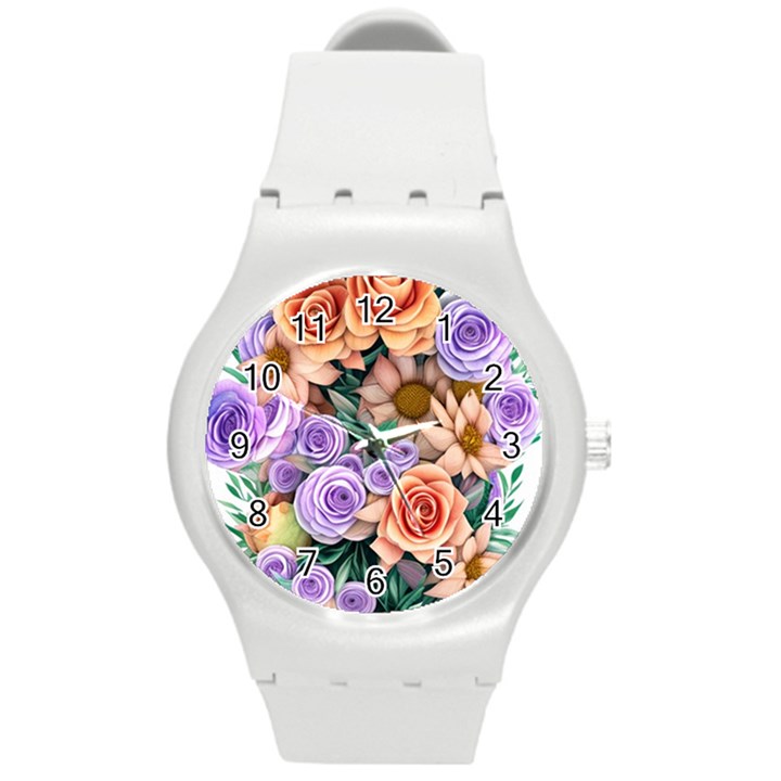 Cheerful and Captivating Watercolor Flowers Round Plastic Sport Watch (M)