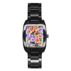 Cheerful And Captivating Watercolor Flowers Stainless Steel Barrel Watch