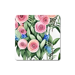 County Charm – Watercolor Flowers Botanical Square Magnet by GardenOfOphir