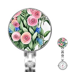 County Charm – Watercolor Flowers Botanical Stainless Steel Nurses Watch by GardenOfOphir