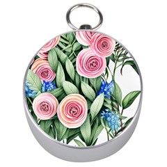 County Charm – Watercolor Flowers Botanical Silver Compasses by GardenOfOphir