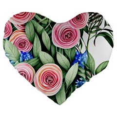 County Charm – Watercolor Flowers Botanical Large 19  Premium Flano Heart Shape Cushions by GardenOfOphir