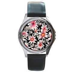 Charming And Celestial Watercolor Flowers Round Metal Watch by GardenOfOphir