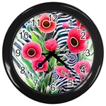 Cherished Blooms – Watercolor Flowers Botanical Wall Clock (Black) Front