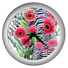 Cherished Blooms – Watercolor Flowers Botanical Wall Clock (silver) by GardenOfOphir