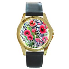 Cherished Blooms – Watercolor Flowers Botanical Round Gold Metal Watch by GardenOfOphir