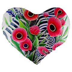 Cherished Blooms – Watercolor Flowers Botanical Large 19  Premium Flano Heart Shape Cushions by GardenOfOphir