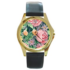 Darling And Dazzling Watercolor Flowers Round Gold Metal Watch by GardenOfOphir